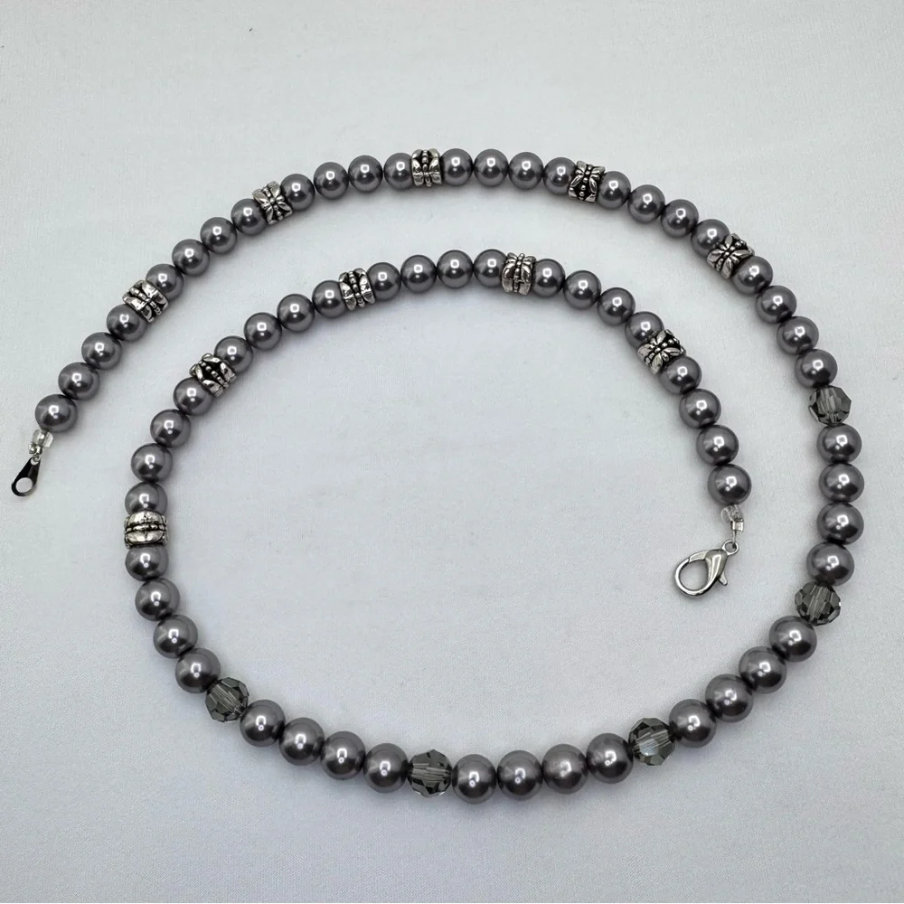 Gray Glass Pearl Necklace Crystal Beads Silver Spacer Statement Necklace Beaded